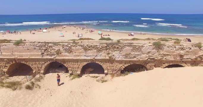 Aerial View of the Roman aqueduct by the Mediterranean Sea. CAESAREA, ISRAEL