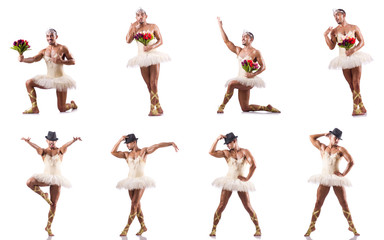 Man in ballet tutu isolated on white