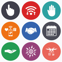 Hand icons. Handshake and click here symbols.