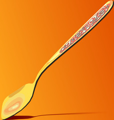 Golden teaspoon with silver ornaments cast a shadow on an orange background. Vector flat illustration