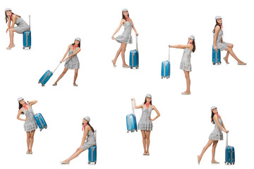 Travelling woman with suitcase isolated on white