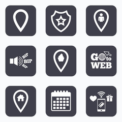 Map pointer icons. Home, food and user location.
