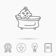Baby in bath icon. Toddler bathing sign.