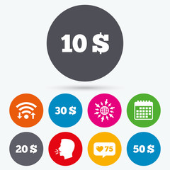 Money in Dollars icons. Ten, twenty, fifty USD.