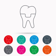 Dental crown icon. Tooth prosthesis sign.