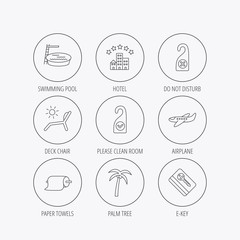 Fototapeta premium Hotel, swimming pool and beach deck chair icons.
