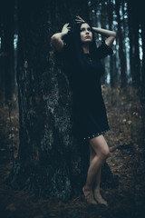Obraz premium Portrait of a beautiful mysterious woman in the forest. Cold ton