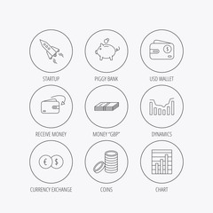 Piggy bank, cash money and startup rocket icons.