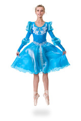 one caucasian young woman ballerina ballet dancer jumping on white background