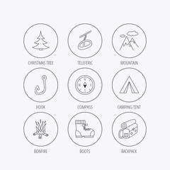 Mountain, fishing hook and hiking boots icons.