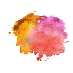 Abstract watercolor stain with splashes of  red pink  orange color