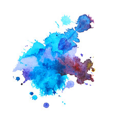 Abstract watercolor stain with splashes of  blue and wine color