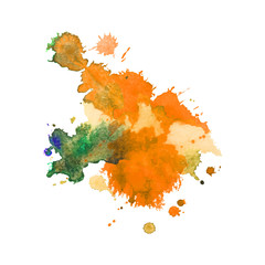 Abstract watercolor stain with splashes of  orange and green color