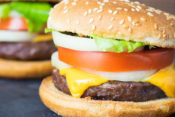 Close up of delicious homemade cheeseburger.
