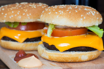 Close up of delicious homemade cheeseburgers