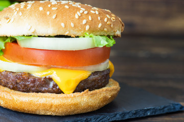 Close up of delicious homemade cheeseburger.