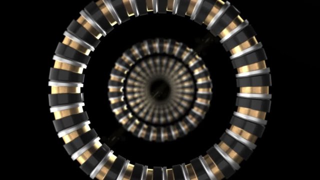 Seamless looping 3D animation of spinning metallic rings including alpha matte