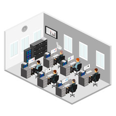 Flat 3d isometric abstract office floor interior departments concept vector.