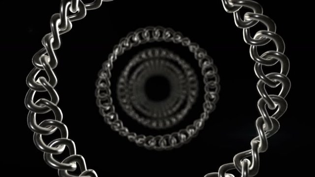 Seamless looping 3D animation of spinning metallic rings including alpha matte