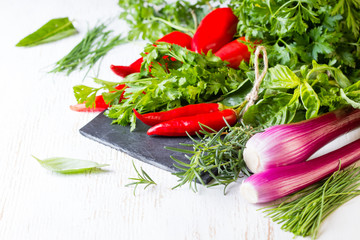 Fresh herbs, oil and seasoning. healthy food concept