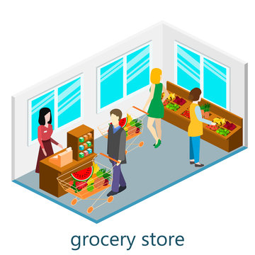 Isometric intireor of grocery store. Shopping mall flat 3d  isometric  concept web vector illustration.
