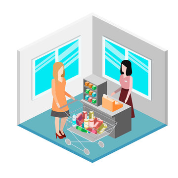 Isometric intireor of grocery store. Shopping mall flat 3d  isometric  concept web vector illustration.