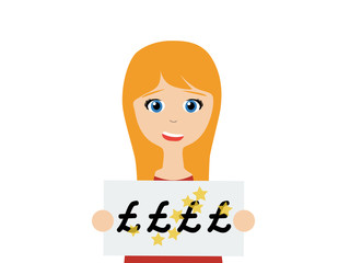 Flat vector illustration of a smiling young caucasian woman holding a winning lottery
