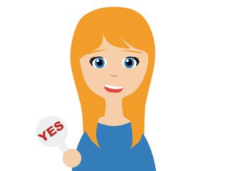 Flat vector illustration of a young caucasian woman  holding a small plate on which Yes is written on white background