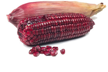 purple corn cob and corn juice (corn milk) on white background
