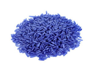 Jasmine rice coated with butterfly pea on white background.