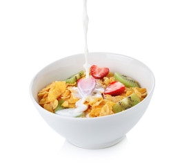corn flakes with fruit on white background