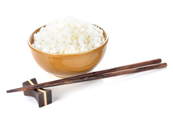 Rice in a bowl on a white background