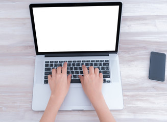 Fototapeta premium Closeup of business woman hand typing on laptop keyboard