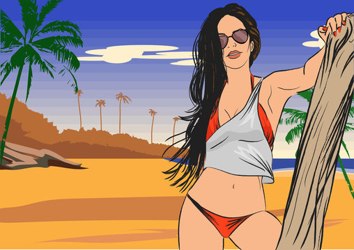 Fashion sexy girl in sketch-style on a beach-background. Vector illustration.