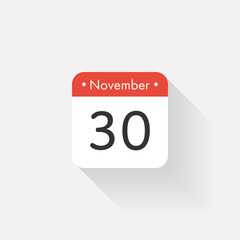 Calendar Icon with long shadow. Flat style. Date,day and month. Reminder. Vector illustration. Organizer application, app symbol. Ui. User interface sign. November. 30