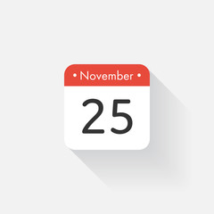 Calendar Icon with long shadow. Flat style. Date,day and month. Reminder. Vector illustration. Organizer application, app symbol. Ui. User interface sign. November. 25