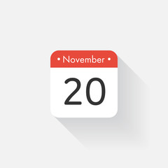 Calendar Icon with long shadow. Flat style. Date,day and month. Reminder. Vector illustration. Organizer application, app symbol. Ui. User interface sign. November. 20