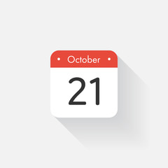 Calendar Icon with long shadow. Flat style. Date,day and month. Reminder. Vector illustration. Organizer application, app symbol. Ui. User interface sign.  October. 21