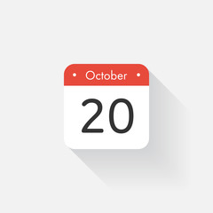 Calendar Icon with long shadow. Flat style. Date,day and month. Reminder. Vector illustration. Organizer application, app symbol. Ui. User interface sign.  October. 20