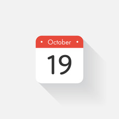 Calendar Icon with long shadow. Flat style. Date,day and month. Reminder. Vector illustration. Organizer application, app symbol. Ui. User interface sign.  October. 19