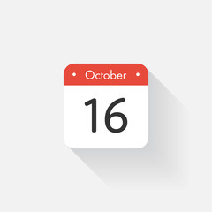Calendar Icon with long shadow. Flat style. Date,day and month. Reminder. Vector illustration. Organizer application, app symbol. Ui. User interface sign.  October. 16