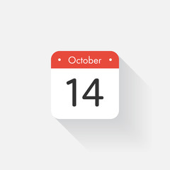 Calendar Icon with long shadow. Flat style. Date,day and month. Reminder. Vector illustration. Organizer application, app symbol. Ui. User interface sign.  October. 14