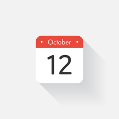 Calendar Icon with long shadow. Flat style. Date,day and month. Reminder. Vector illustration. Organizer application, app symbol. Ui. User interface sign.  October. 12