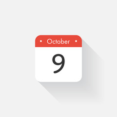 Calendar Icon with long shadow. Flat style. Date,day and month. Reminder. Vector illustration. Organizer application, app symbol. Ui. User interface sign.  October. 9