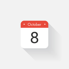 Calendar Icon with long shadow. Flat style. Date,day and month. Reminder. Vector illustration. Organizer application, app symbol. Ui. User interface sign.  October. 8
