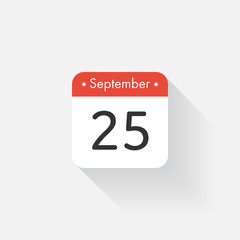 Calendar Icon with long shadow. Flat style. Date,day and month. Reminder. Vector illustration. Organizer application, app symbol. Ui. User interface sign. September. 25