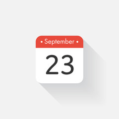 Calendar Icon with long shadow. Flat style. Date,day and month. Reminder. Vector illustration. Organizer application, app symbol. Ui. User interface sign. September. 23