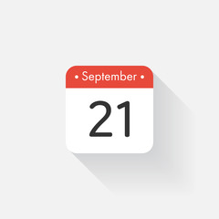 Calendar Icon with long shadow. Flat style. Date,day and month. Reminder. Vector illustration. Organizer application, app symbol. Ui. User interface sign. September. 21