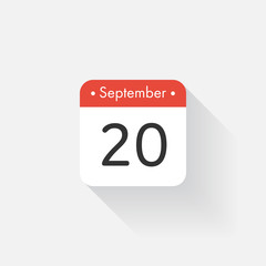 Calendar Icon with long shadow. Flat style. Date,day and month. Reminder. Vector illustration. Organizer application, app symbol. Ui. User interface sign. September. 20
