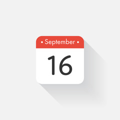 Calendar Icon with long shadow. Flat style. Date,day and month. Reminder. Vector illustration. Organizer application, app symbol. Ui. User interface sign. September. 16